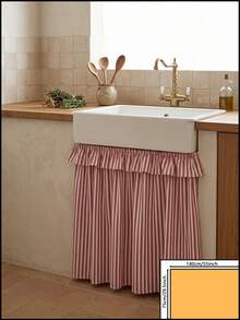 1pc Red And White Thin Striped Sink Skirt, Rustic Country Style Fabric Material, Rectangular Top With Ruffle Edge And Gathered Hem Detail, Covers Sink Underside Space And Decorative Beautification Function, Kitchen Sink Cover Curtain Suitable For Farmhouse Kitchen And Home Decor Scenes - Red - View 13