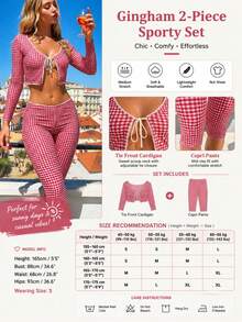 Women Red Gingham Halter Tie Long Sleeve Crop Top Capri Pants 2 Pieces Matching Outfit Set Sports - Multicolor - View 5
