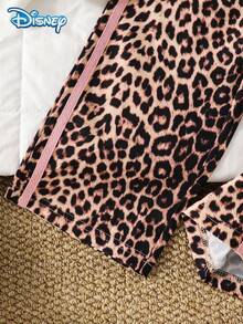Disney 2pcs/Set Autumn Girls Minnie Cartoon Pattern Striped Ribbed Long Sleeve Sweatshirt & Leopard Print Long Wide Leg Pants Casual Basic Cute Style Spring Outfit - Brown - View 7