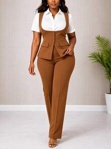 Bộ vest 2 món nữ màu nâu gồm áo gile sát nách cổ chữ U cài nút, buộc dây sau lưng và quần ống đứng cạp cao, trang phục công sở lịch sự đi làm - màu nâu - Xem 3