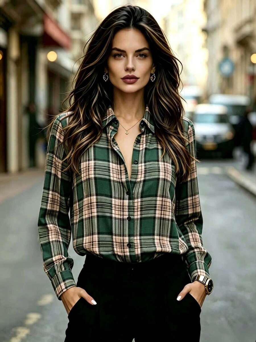 Stylish Women's Fall Plaid Button Shirt, Long Sleeve Regular Hem Woven Fabric Top For Casual Wear - Dark Green - View 1