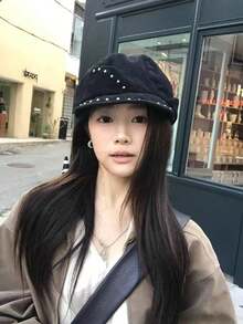 MESHUOKAI 1pc Flat Top Street Retro Rivet Washed Niche American Style Baseball Cap Beret, Big Head Small Face Distressed Design - Multicolor - View 2