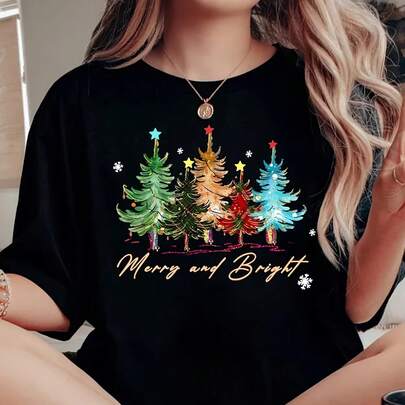 Women's T-Shirt, Casual Top With Round Neck And Slight Stretch, Festive Graphic T-Shirt, Short-Sleeved Shirt For All Seasons