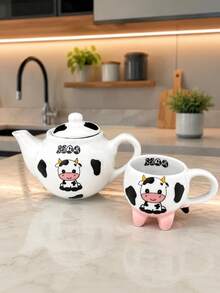 Conjunto Bule E Xícara De Café Vaquinha Fofa Em Porcelana - Visão 2