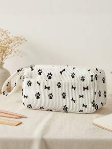 1pc Animal Paw Prints Corduroy Foldable Pencil Case With Side Pocket & Handle, Multi-Use Bag For Start Of School & Travel Essentials,School Supplies - Multicolor - View 14
