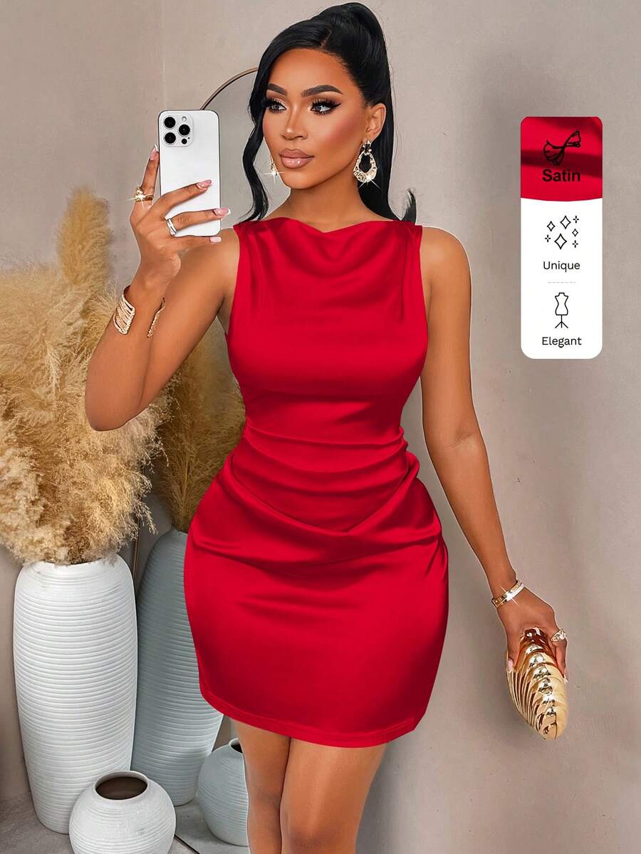 AIJ Amarilo Women's Autumn/Winter Date, Party And Gathering Open Shoulder Ruffle Waist A-Line Solid Color Satin Mini Dress - True Red - View 1