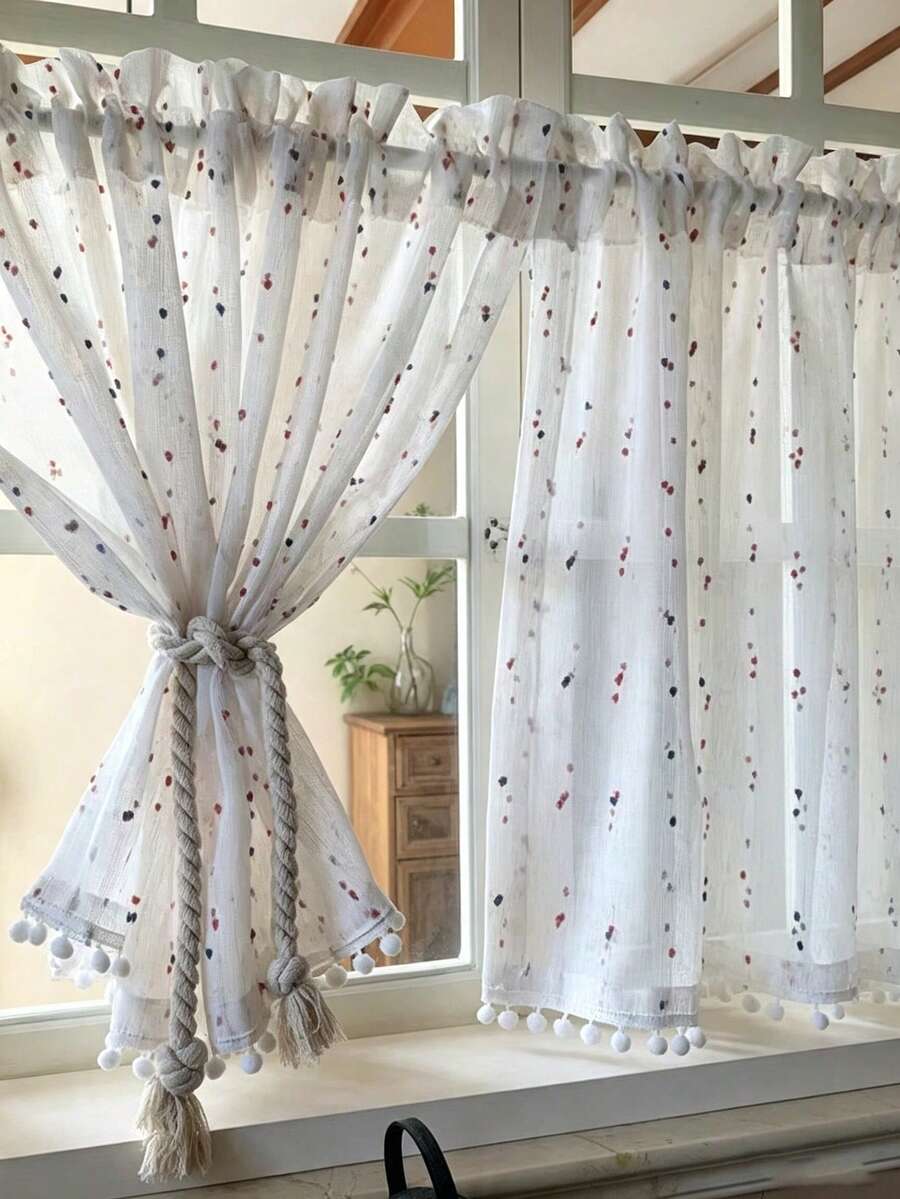 1pc Rod Pocket Cream Style Candy Gauze Cute Linen Sheer Curtain Childlike Window Curtain Short Sheer - Multicolor - View 1