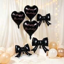 Black Heart & Bow Foil Balloons Set With Pink Ribbons, Happy Birthday Print For Birthday Party Decor - View 4