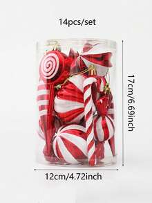 14pcs Festive Christmas Candy Cane Balls Ornament Set - Red & White Striped And Polka Dot Plastic Hanging Pendant For Holiday Tree, Window, Home & Office Decor, Candy Theme Christmas Gift Decorations - Multicolor - View 10