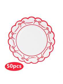 10/20/50pcs Bow Pattern Disposable Party Plates, Scalloped Edge Black Red Paper Cake Plates Dessert Plates With Ribbon Design, Party Tableware Supplies For Birthday, Wedding, Bridal Shower, Baby Shower, Anniversary, Holiday Celebration - View 18
