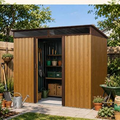 8ft X 6ft Outdoor Metal Storage With Lockable Sliding Doors And Transparent Plate For Garden, Lawn Coffee (W540P185316) Outdoor Storage Shed Garden Shed