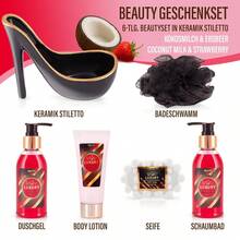Cosmetics Luxus Cranberry Beautyset - 6-teiliges Bade- und Dusch Set - Geschenkset in Keramik Stiletto Rot - Schwarz - Übersicht 3