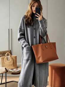 Plus Size Women Grey Plus Size Long Knit Cardigan High Neck Button Front Pocket Loose Sweater Coat Autumn Winter Lazy Style Fall - Grey - View 5