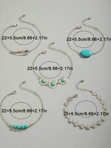 imoli Set de 5 pulseras con cuentas de turquesa y perlas de arroz CCB para mujeres, regalo casual (patrón de turquesa al azar) - 31237-sujetador-azul-EP - Ver 11