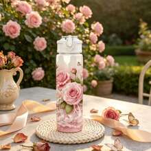 1pc/5pcs 750ml Large Capacity Summer Sports Plastic Water Bottle, Best Friend Birthday Holiday Gift Soft Pink Floral Rose Butterfly Lace Pattern Water Bottle, Elegant Drinking Container, Couple Water Bottle, Suitable For Commuting Camping Vacation, Floral Couples Gift - Multicolor-floral - View 13