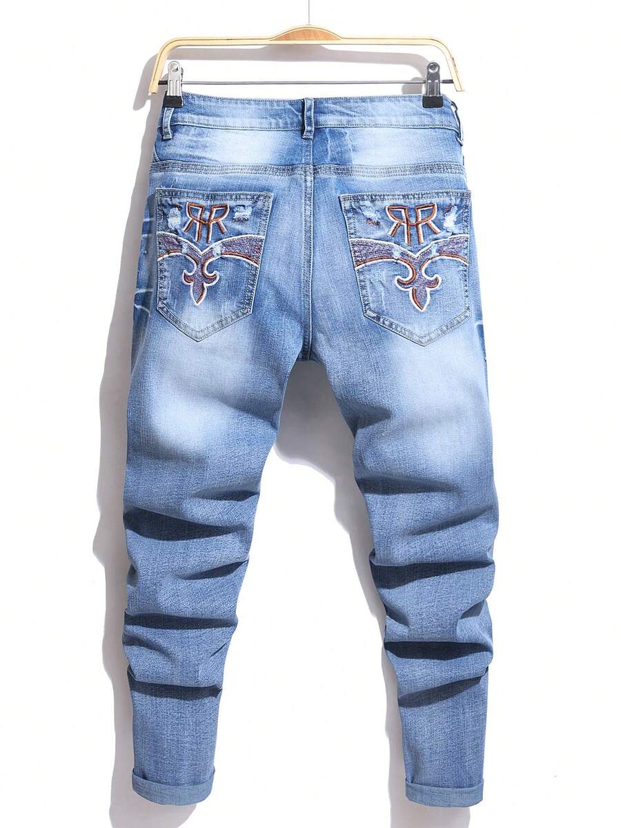 Men's Slim Fit Elastic Washed Denim Pants Embroidered Pattern Suitable For Daily Commuting In All Seasons - Light Wash - View 1