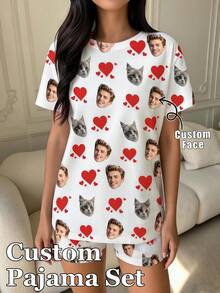 1pc Women Custom Photo Lips Print Soft Loose Short Pajama Set Casual Valentine Loungewear - White - View 5