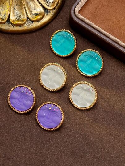 Vintage Moon Face Rhinestone Earrings With Gentle Retro Vibe, Available In Blue, Purple, And White, Distressed Craftsmanship For Vintage Texture, Rounded Design To Flatter Face Shape, Suitable For Daily Commute, Date Or Casual Social Occasions, Niche Gentle Gift For Girlfriend Or Best Friend