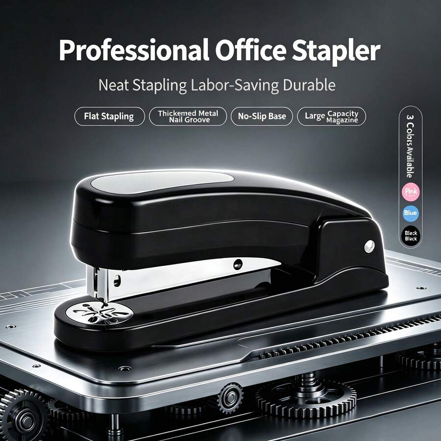 1pc Labor‑Saving Desktop Stapler, Heavy‑Duty Flat Stapling Stapler, Non‑Slip Base Large Capacity Office Stationery Supplies, Back To School Home Office Desk Accessory, 3 Colors Available - Single Piece - View 1