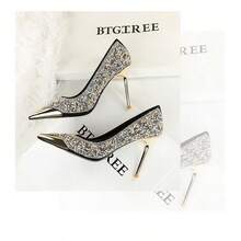 Black Glitter Rhinestone Pointed Toe High Heels for Women, Metal Tip Stiletto Pumps, Slip‑on Sparkly Dress Shoes for Wedding Prom Evening Party - Negro - Ver 5