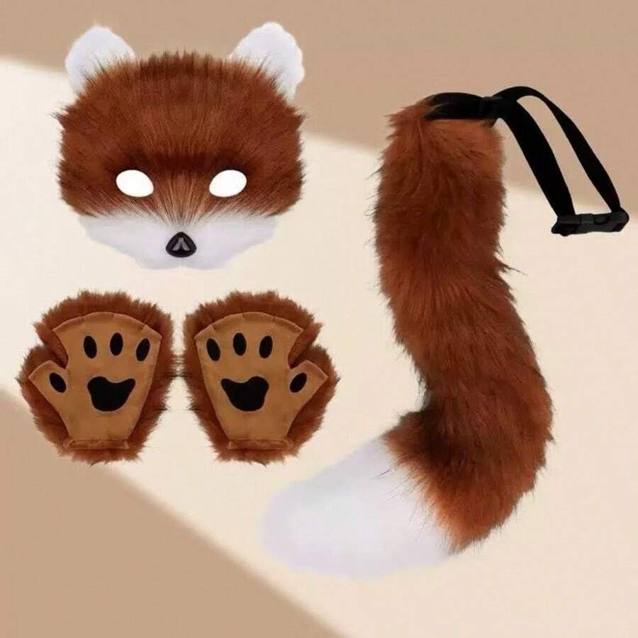 4pcs Adjustable Realistic Fox Mask Set, Includes Bendable Tail, Ear Headband And Gloves, Halloween/Christmas Cosplay Party Costume - A - View 1