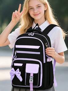 3pcs Contrast Bow Backpack Set With Pom Pom Charm, Multi-Pocket Large Capacity, Suitable For School, Travel And Daily Use - Multicolor - View 5