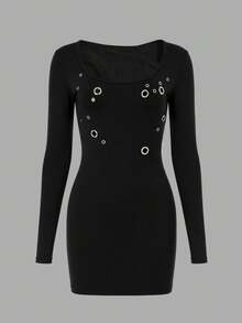 Women's Elegant Black Fitted Short Dress With Square Neck And Long Sleeve Design, Perfect For Date Night - Black - View 9