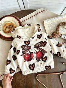 Baby Girl Cartoon Print Warm Hooded Jacket - Beige - View 1