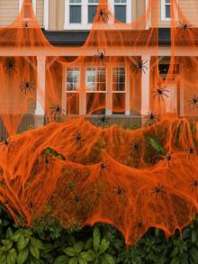 Halloween Orange Spider Web Decoration: Stretchable Artificial Spider Web And Black Spider, Suitable For Indoor And Outdoor Use, Including Entryway, Porch, Patio, Garden, Lawn And Halloween Party - Multicolor 1 - View 4
