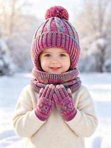 1 Set Of 5-Color Two-Tone Knit Set: Winter 2-6 Years Old Children's Double-Yarn Warm Knit Hat With Thick Fleece Lining, Suitable For Cold Winter - Multicolor - View 6
