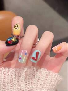 10PCS Square/Round Handmade Press On Nails, Y2K,Suitable For Girls And Women Festivals,Music Festival,Daily Wear,Valentine's Day Gift. - Multicolor - View 3