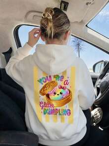 Girls Glitter Dumpling Cartoon Back Print Crew Neck Sweatshirt, Casual Loose Pullover - White - View 2
