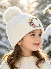 1pc Baby Beanies Boy Girls White Pom-Pom Cap With A-Z Letter Colorful Floral Hat For Boys And Girls Ages 0-8Y, For Hat Accessories Winter Warm Hat - Multicolor - View 2