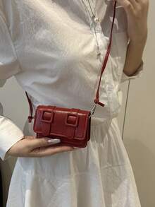 Mini Lipstick Fashion Solid Color Minimalist Glossy Flip-Top Shoulder Bag, Suitable For Shopping, Wallet, Young Women, College Students, Newcomers, Office Workers, Etc. Perfect For Office, University, Work, Business, Commuting, Outdoor Activities, Travel And Outings. - Burgundy - View 2