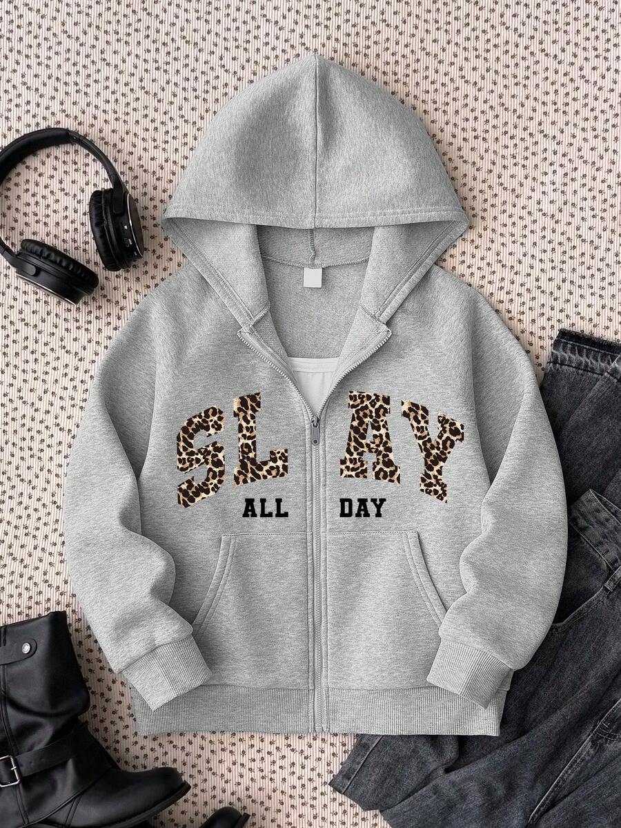 1 Jaket Hoodie Zipper Anak Perempuan dengan Motif Macan Tutul dan Grafis Huruf Inggris, Musim Gugur/Dingin, Gaya Kampus, Pakaian Homecoming - Grey - View 1