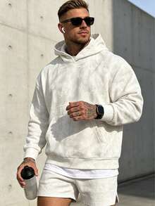 Men's Printed Drop Shoulder Long Sleeve Drawstring Pocket Casual Hoodie, Autumn/Winter, Back To School Season - White - View 1