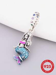 1件 S925 純銀美人魚吊墜，彩色鋯石藍紫色漸層樹脂魚尾海洋童話 DIY 手鍊穿孔銀珠吊飾 - 銀色 - 查看 3
