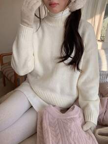 Minimalist Commuter Style Women's Comfortable White Short Chunky Knit Sweater Fall - White - View 3
