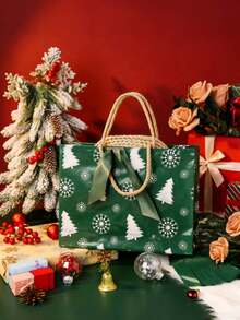 Christmas Style Green Background Snow Tree Tote Bag, Gift Bag, Shopping Bag, Fully Allover Print White Christmas Tree And Snowflake Pattern, Rich And Fresh Christmas Atmosphere, Suitable For Christmas Gifts, Small Businesses, Party Favors - Multiple Styles - View 5