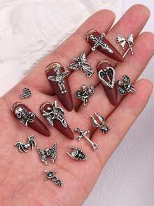 10PCS Halloween Gothic Cross Skull Angel Nail Charms Dark Vintage Metal Nail Art Decor For DIY Press On Nails Party - Silver - View 2