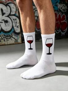 1 Pair Men's White Mid-Calf Socks With Red Wine Glass Pattern, American Street Style Socks, Suitable For Daily Wear/Skateboarding/Fun Gift - Multicolor - View 5