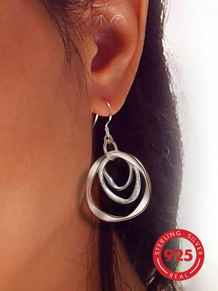1pc 925 Sterling Silver Multi-Layer Twisted Oval Matte Finish Hoop Earrings (Twisted Ring Effect), Gift Box Suitable For Daily Wear And Holidays - Silver - View 1