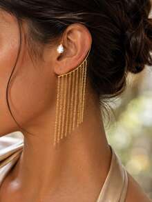 outingfit 1pc Ins Viral Tassel Ear Hook Earrings, High-End Rhinestone Ear Cuff For Non-Pierced Ears, Fairy Style Accessory Earrings - Gold - View 1