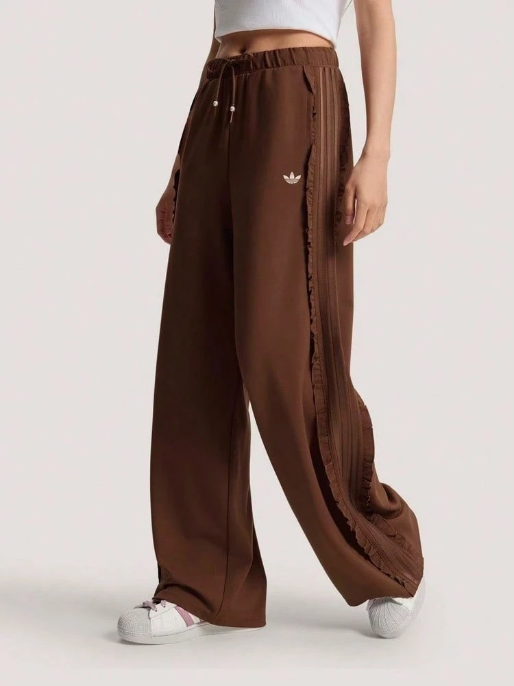 Adidas Originals Women's Minimalist Fashion Drawstring Waist Pocket Frill Trim Sports Long Pants - Brown - View 1