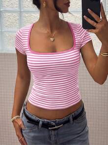 2026 Spring/Summer Striped Casual Versatile Elegant Square Neck Contrast Color Raglan Sleeve T-Shirt Pink - Pink - View 8