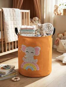1pc Cute Elephant Pattern Foldable Large Capacity Round Storage Basket With Handle, Versatile Storage Bin For Nursery, Baby Supplies Organizer, Diaper Storage, Clothing Storage, Multi-Purpose Storage Box - Multicolor - View 32