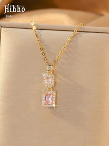 Hihho 1pc Colorful Square Zirconia Double Pendant Necklace, Gold Plated Zirconia Inlaid Necklace, Exquisite Gift Jewelry For Women - Double-sided Block - View 5