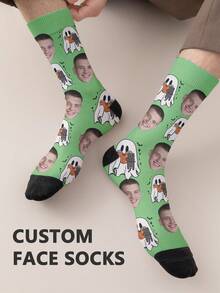 1 Pair Customized Face Photo Men's Halloween Socks, Halloween Costume, Birthday, Valentine's Day Gift, Halloween Prank Gadget, Colorful Cartoon Print, Combines Personality And Fun, Suitable For Daily Wear, Home, Commuting - Multicolor - View 2