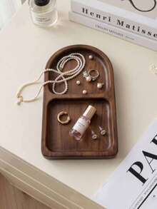 Nampan Perhiasan Kayu, Piring Perhiasan Dekoratif 2 Kompartemen, Nampan Penyimpanan Kayu Berbentuk Lengkung untuk Kalung, Cincin, Anting, Organizer Meja untuk Meja Rias, Meja Samping Tempat Tidur, Piring Pajangan Aksesori Dekorasi Rumah - MultiWarna - View 3