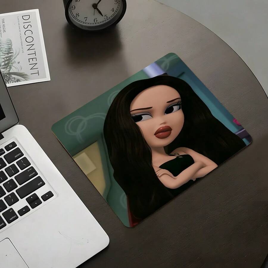 自信長髮娃娃方形滑鼠墊,酷女孩角色插畫設計,吸睛桌面裝飾保護墊,橡膠防滑縫邊辦公墊,小尺寸適用於筆記型電腦、桌上型電腦遊戲、辦公、日常使用 - 查看 1
